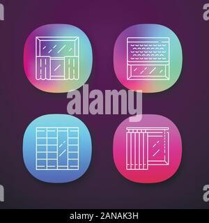 Window decoration app icons set. Cafe curtains, vertical blinds, woven wood shades, shoji panels. Shop interior design. UI/UX user interface. Web or m Stock Vector