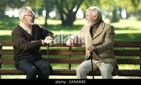 Aged male friends with walking sticks resting on bench in park and talking Stock Photo