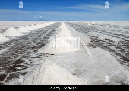 Salt Extraction Area on Salar de Uyuni, the World's Largest Salt Flats in Bolivia Stock Photo