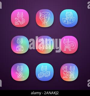 Internet bots app icons set. Hacker, spam, impersonator, monitoring, work, scraper robots. Artificial intelligence. UI/UX user interface. Web or mobil Stock Vector
