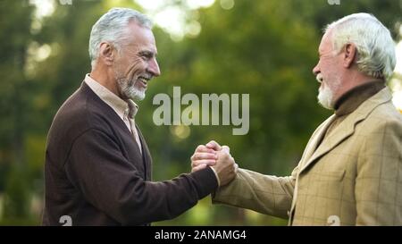 Elderly male friends shaking hands, happy to see each other, brothers meeting Stock Photo