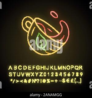 Tea cup neon light icon. Hot steaming mug with splash. Tea shop, dishware. Leaf emblem on cup. Aromatic beverage. Glowing sign with alphabet, numbers Stock Vector