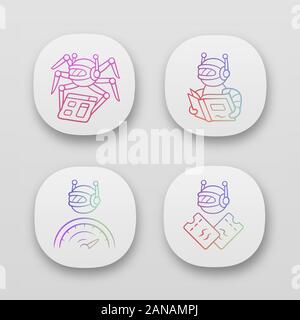 Internet bots app icons set. Crawler, text-reading, optimizer, scalper robot. Artificial intelligence. AI. Software app. UI/UX user interface. Web or Stock Vector