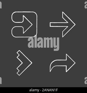Arrow types chalk icons set. Forward, right, curved, geometric arrows. Arrowhead in square indicating rightward. Motion indicator. Next arrow. Isolate Stock Vector