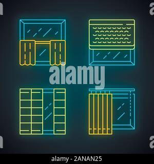 Window decoration neon light icons set. Cafe curtains, vertical blinds, woven wood shades, shoji panels. Home and office decoration. Shop interior des Stock Vector