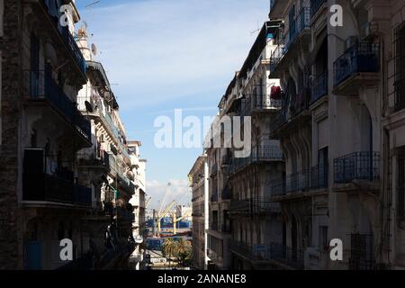 Algiers the white references white terraced buildings on and around the Promenade des Sablettes that give the city its iconic look. Algiers Algeria. Stock Photo