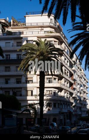 Algiers the white references white terraced buildings on and around the Promenade des Sablettes that give the city its iconic look. Algiers Algeria. Stock Photo