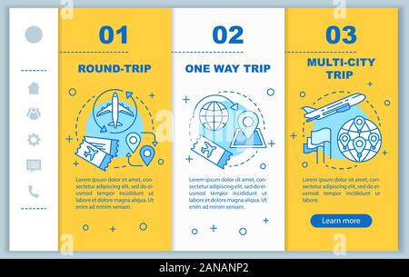 Aircraft flight ticket onboarding mobile web pages vector template. City trip. Responsive smartphone website interface idea with linear illustrations. Stock Vector