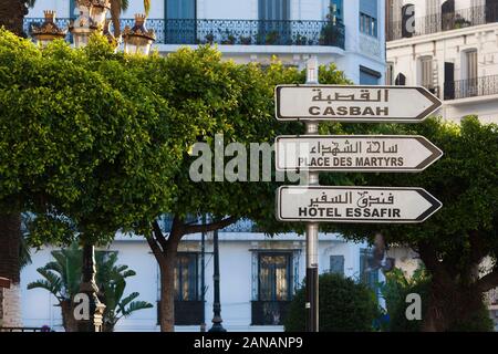 Algiers the white references white terraced buildings on and around the Promenade des Sablettes that give the city its iconic look. Algiers Algeria. Stock Photo