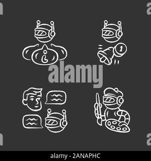 Internet robots chalk icons set. Chatbot, informational, proactive, art bots. Sending messages. Technology, cybernetics. Artificial intelligence, AI. Stock Vector