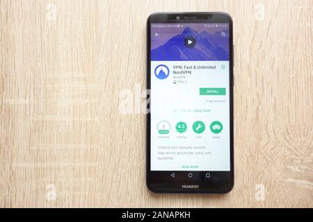 VPN: Fast and Unlimited NordVPN app on Google Play Store website displayed on Huawei Y6 2018 smartphone Stock Photo