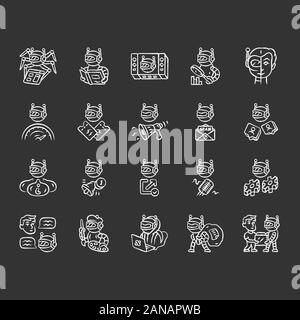 Bot types chalk icons set. Crawler, hacker, spambot, impersonator, scraper, informational robot. Technology, artificial intelligence, ai. Virtual real Stock Vector