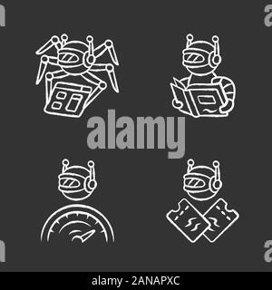 Internet bots chalk icons set. Crawler, text-reading, scalper robot. Artificial intelligence. AI. Software app. Virtual assistant. Computer operation. Stock Vector
