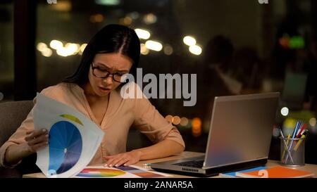 Female designer searching palette color, creative occupation, deadline overwork Stock Photo