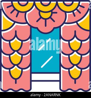 Lace curtains color icon. House interior design. Living room, bedroom decoration. Home window treatments. Vintage floral curtains, blinds, drapes. Iso Stock Vector