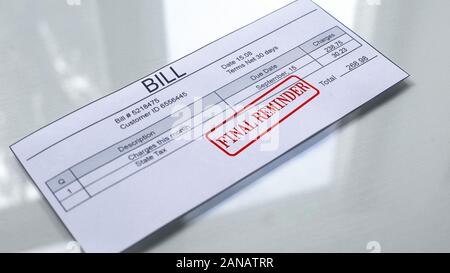 Final reminder seal stamped on bill, services payment, month expenses, tariff Stock Photo