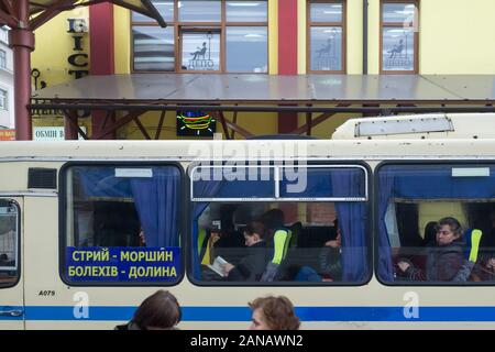 A bus waiting to leave from Lviv train station in Ukraine. Public transport is cheap and easy to use. Stock Photo