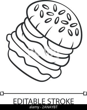 Burger linear icon. Fast food cafe, restaurant menu. Hamburger, cheeseburger, vegan burger. Sesame bun. Thin line illustration. Contour symbol. Vector Stock Vector