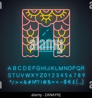 Lace curtains neon light icon. House interior design. Home window treatments. Vintage floral curtains, blinds, drapes. Glowing sign with alphabet, num Stock Vector