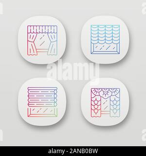 Window blinds app icons set. Austrian shades, lace curtains, window treatment set. House decor. Office interior design. UI/UX user interface. Web or m Stock Vector