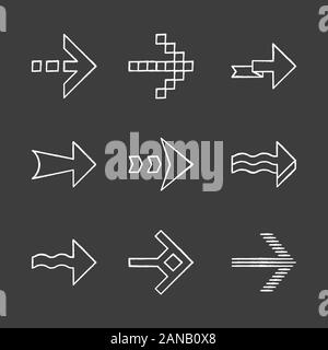 Arrows chalk icons set. Wavy, pixel, folding, striped, dashed next arrows. Navigation pointer, indicator sign. Arrowheads pointing to right direction. Stock Vector