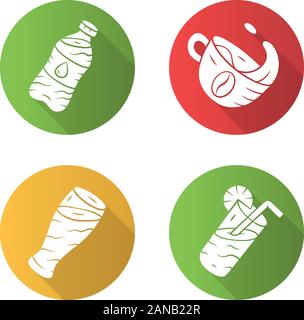 Refreshment drinks flat design long shadow glyph icons set. Mineral water, beer, coffee, lemonade. Sparkling beverages. Bar menu. Hot steaming coffee Stock Vector