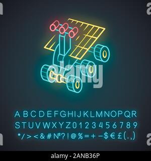 Space robot neon light icon. Moon rover. Moonwalker. Apparatus for studying planets surface. Space exploration. Glowing sign with alphabet, numbers an Stock Vector