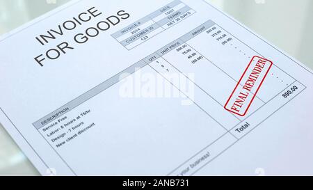 Final reminder seal stamped on invoice for goods commercial document, business Stock Photo