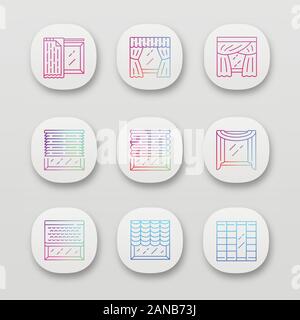 Jalousie and curtains app icons set. Cellular shades, window treatment set, liner. Home, office interior accessory. UI/UX user interface. Web or mobil Stock Vector