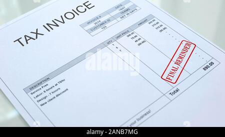 Final reminder seal stamped on tax invoice commercial document, business bills Stock Photo
