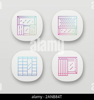 Window decoration app icons set. Cafe curtains, vertical blinds, woven wood shades, shoji panels. Shop interior design. UI/UX user interface. Web or m Stock Vector