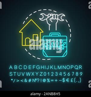 Handyman service neon light concept icon. Home service idea. Home repair. Broken windows and electric lamps fix. House maintenance. Glowing sign with Stock Vector