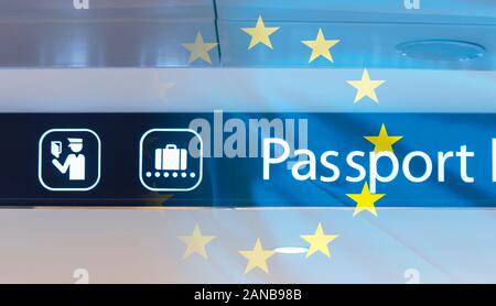 Passport Control Sign at Airport, Border, EU Border, EU Flag as Background Stock Photo