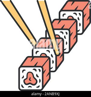 Sushi set with chopsticks color icon. Traditional japanese food, seafood. Asian cuisine. Restaurant, cafe menu. Spring rolls, rolled appetizers. Isola Stock Vector