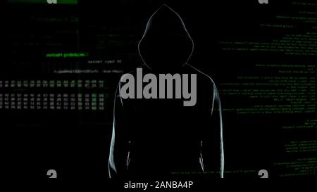 Male hacker silhouette in hoodie standing in front of animated computer code Stock Photo