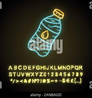Mineral water neon light icon. Clean potable drinking water. Plastic bottle with label. Non-alcoholic refreshment drink. Glowing sign with alphabet, n Stock Vector