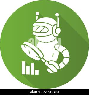 Monitoring bot flat design long shadow glyph icon. Monitor websites uptime. Machine learning. Artificial intelligence. Internet robot with magnifying Stock Vector