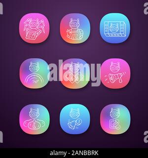 Web robots app icons set. Crawler, text-reading, propaganda bot. Proactive, optimizer robot. Artificial intelligence. UI/UX user interface. Web or mob Stock Vector