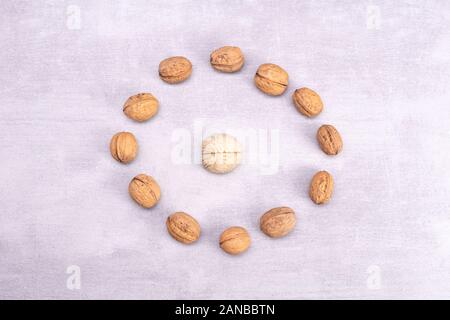 Walnuts love healthy brain foods. The shape of the human brain is surrounded by circle-shaped walnut kernels. Stock Photo
