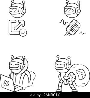 Bot types linear icons set. Hacker, backlink checker, scraper bots. Malicious robot. Artificial intelligence, AI. Thin line contour symbols. Isolated Stock Vector