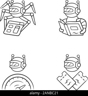 Internet bots linear icons set. Crawler, optimizer, scalper robot. Artificial intelligence. AI. Software app. Thin line contour symbols. Isolated vect Stock Vector