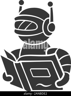 Text reading bot glyph icon. Screen reader application. Virtual assistant. Robot with book. Software app. Speech synthesizer. Silhouette symbol. Negat Stock Vector