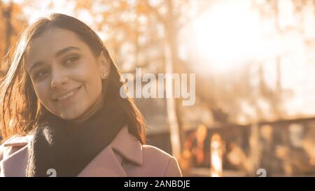 Cheerful inspired young woman smiling, feeling new opportunities, social survey Stock Photo