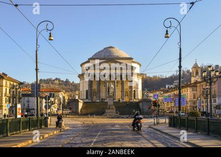 Façade of Gran Madre di Dio Church (1831) and Borgo Po district from Vittorio Emanuele I Bridge in a sunny day, Turin, Piedmont, Italy Stock Photo