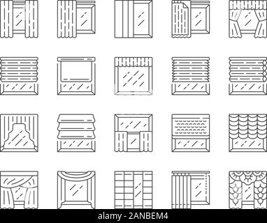 Window treatments and curtains linear icons set. Roman shades, blinds, valance, panel, shutters. Home decor shop. Thin line contour symbols. Isolated Stock Vector