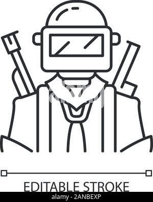 Game soldier linear icon. Player with weapon in safety gear. Player in protective helmet with guns. Thin line illustration. Contour symbol. Vector iso Stock Vector