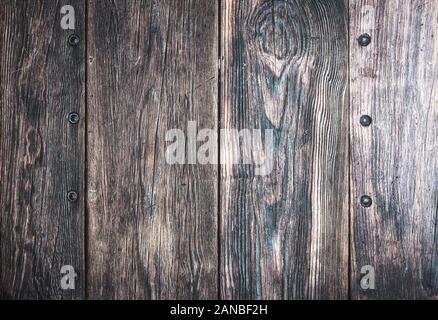 top view of dark rustic wooden table, wooden planks background Stock Photo