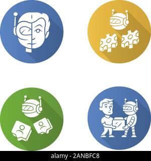 Software bot flat design long shadow glyph icons set. Socialbot, transactional, impersonator robots. Software program. Artificial intelligence. Cyborg Stock Vector