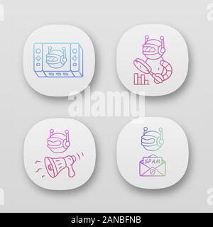 Web robots app icons set. Game, propaganda, monitoring, spam bot. Artificial intelligence. Virtual reality. Spam attack. UI/UX user interface. Web or Stock Vector