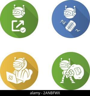 Bot types flat design long shadow glyph icons set. Hacker, backlink checker, scraper bot. Malicious robot. Artificial intelligence, AI. Web optimizati Stock Vector